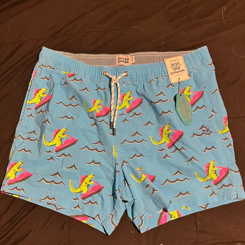 Men's Vintage Blue Swim Shorts with Dinosaur Print